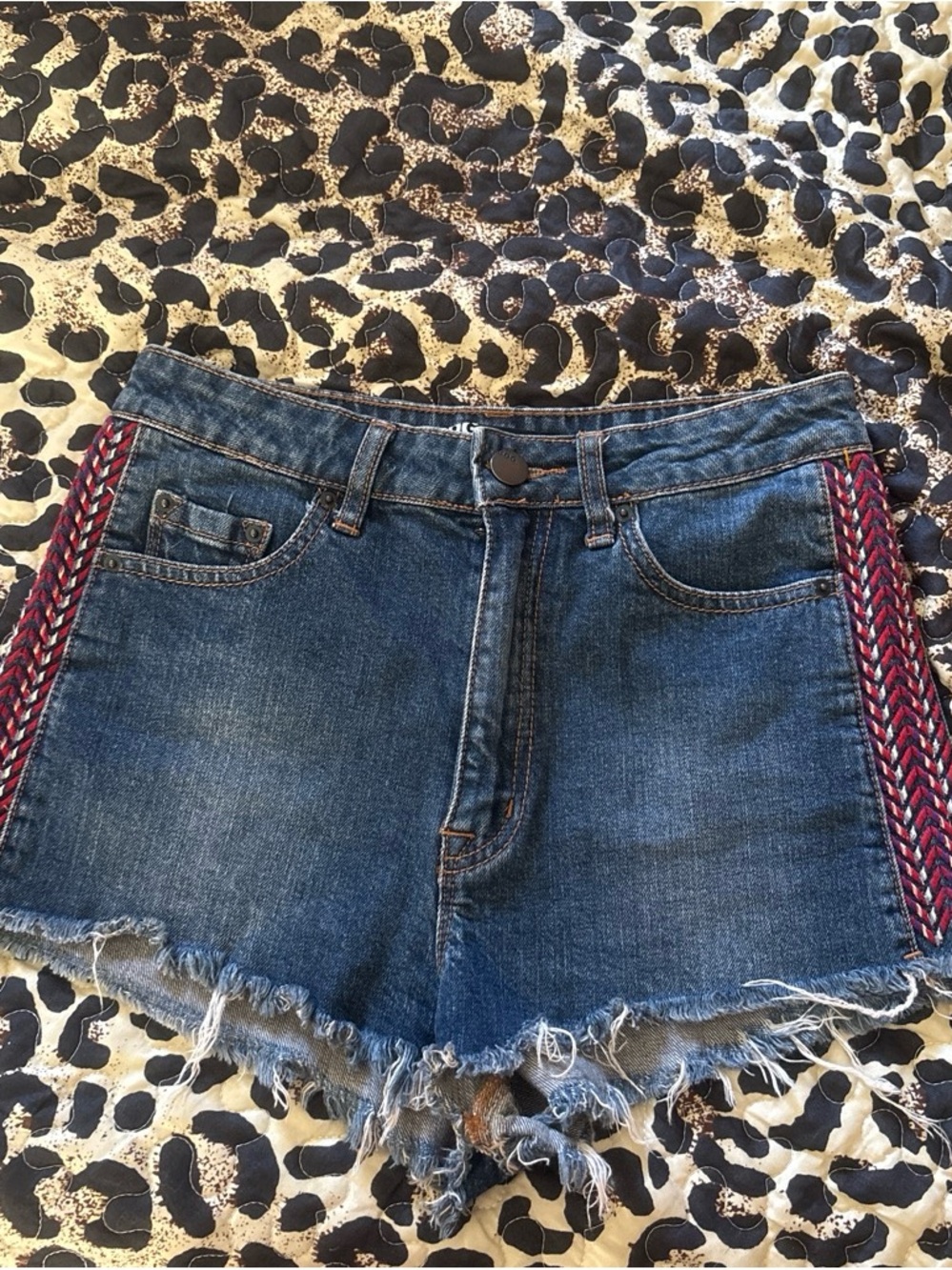 BDG Dark Blue Denim Shorts with Red Braided Side Trim